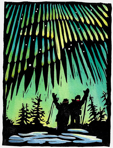 Woodcut: Northern Lights/ Standing Together 6